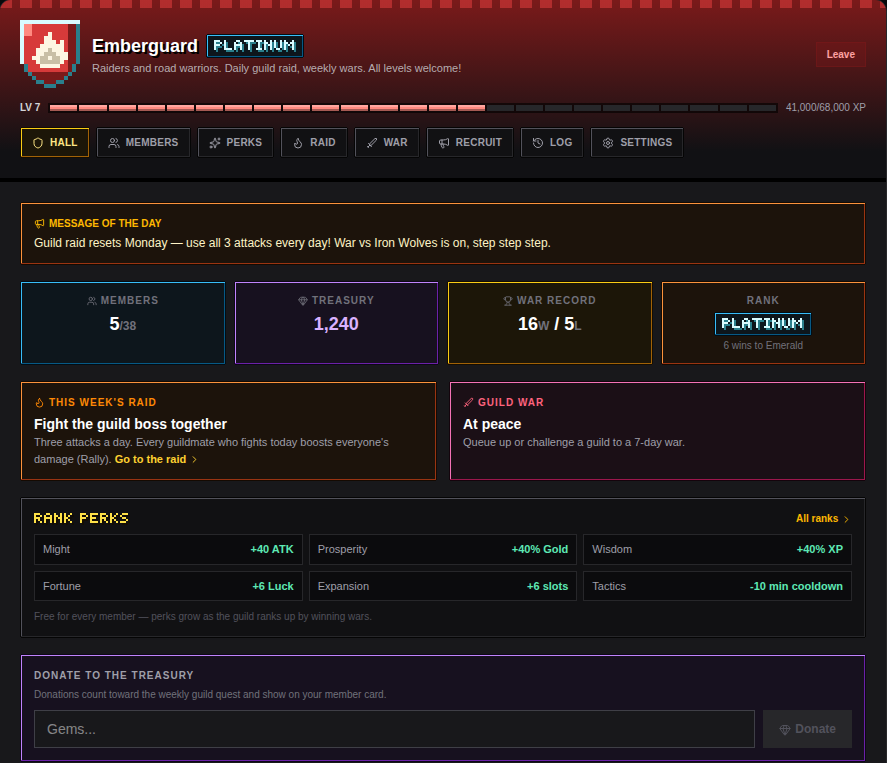 The Guild Hall: message of the day, members, treasury, war record and rank perks