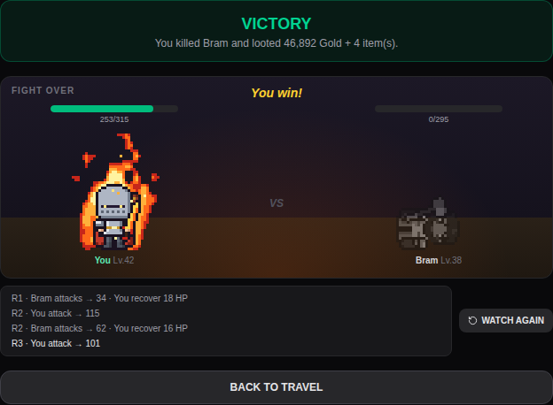 Victory: you keep your gear and take everything your opponent carried