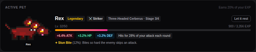 Your active pet: its role, level, stat bonus and ability