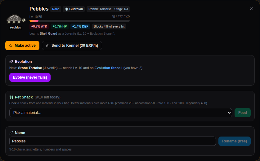 A pet's page: make it active, send it to the Kennel, evolve, feed and rename it