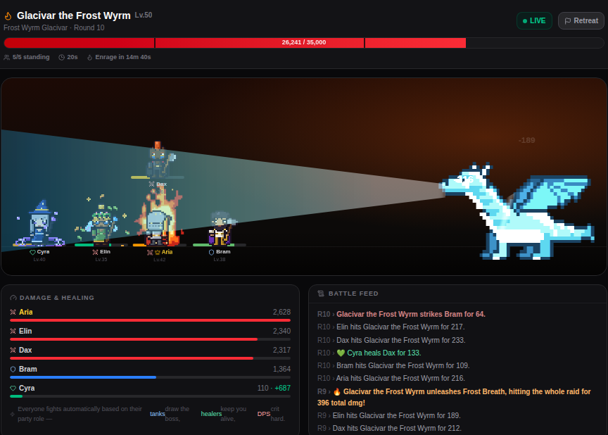 A raid in progress: the boss's HP, the team, damage and healing, and the battle feed