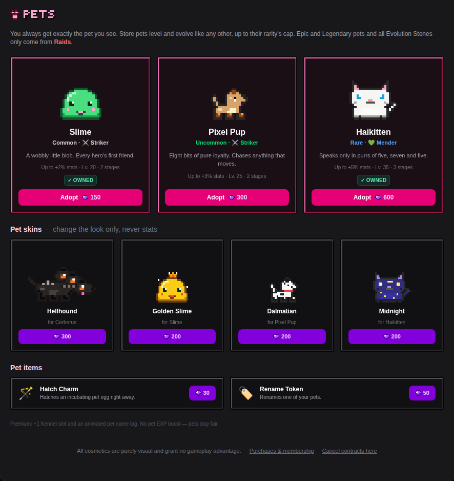 The Pets tab in the Store: pets, skins and pet items