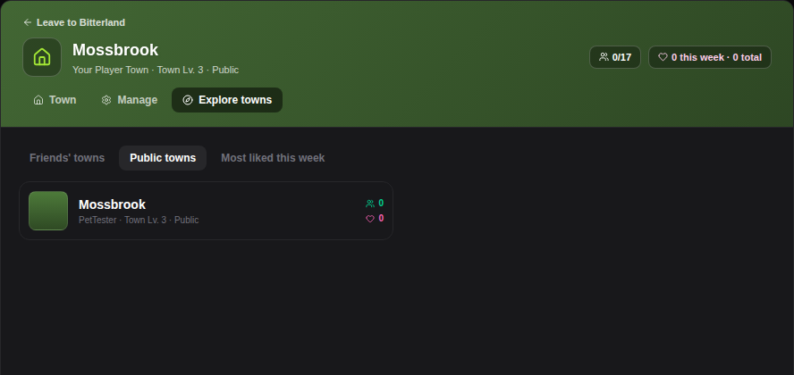 Explore towns: friends', public and most liked towns