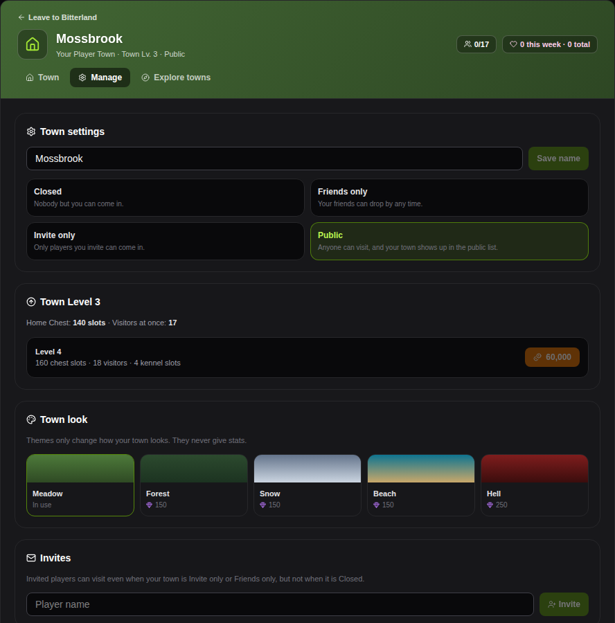 Manage: name, access, Town Level, looks and invites