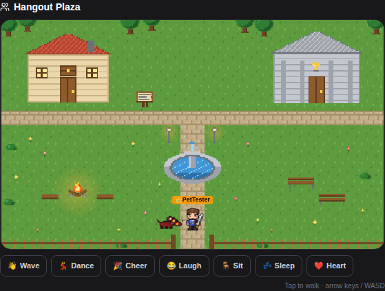 Your town's Hangout Plaza — your pet walks along behind you