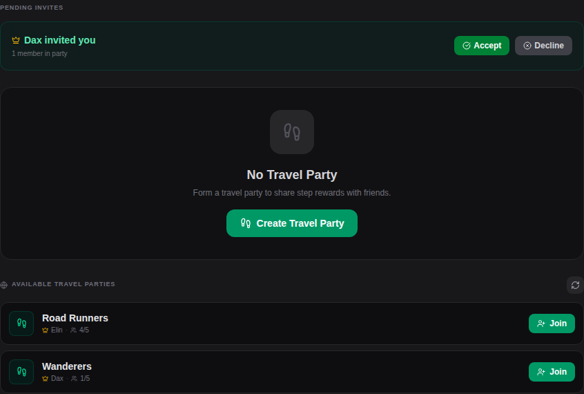 An invite, and the public travel parties you can join